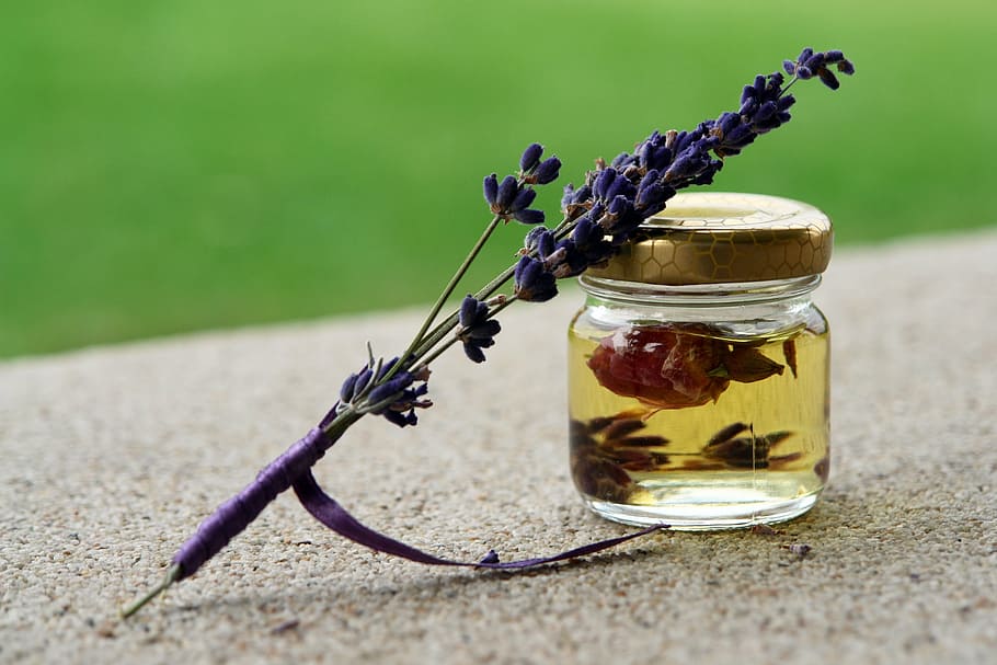 purple lavender flower and clear glass jar, oil, rose, aroma, HD wallpaper