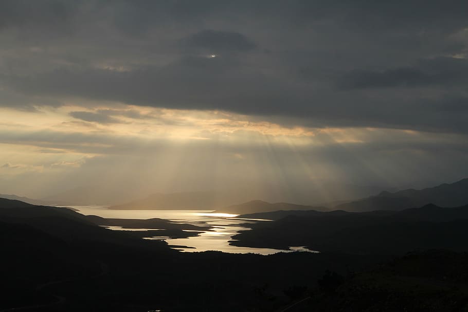 lake, yate, storm, sunset, evening, down, sun's rays, dark HD wallpaper
