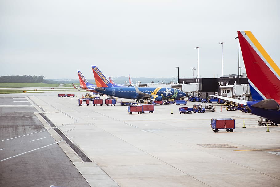 parked passenger airplane on airport, three airliner, travel, HD wallpaper