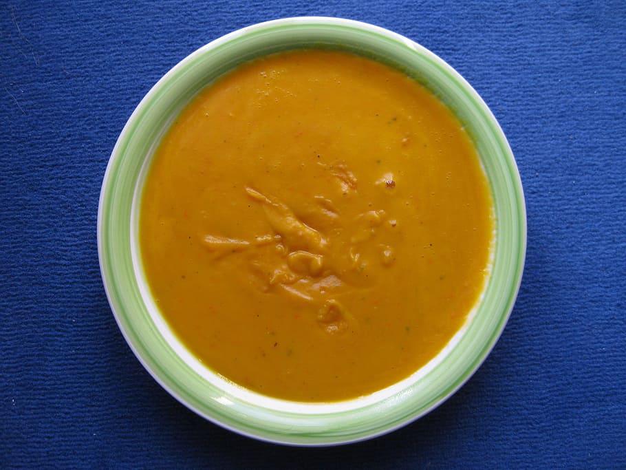 bowl of sauce on blue surface, Pumpkin Soup, Orange, Plate, Eat, HD wallpaper