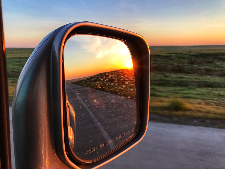 road, dawn, sun, machine, sunset, sky, reflection, side-view mirror HD wallpaper