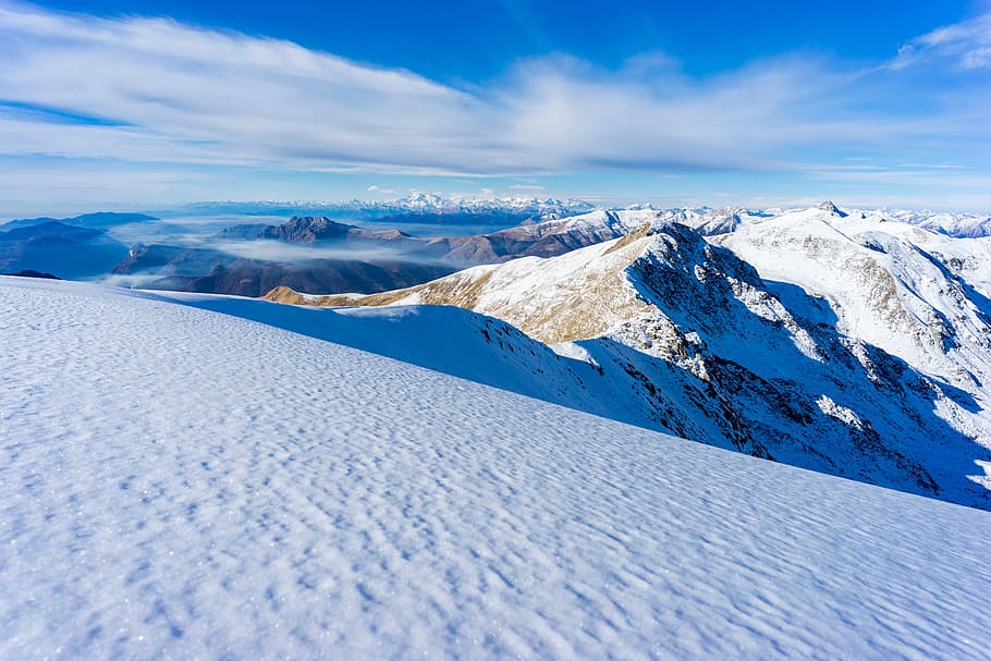 mountain, peak, summit, landscape, nature, blue, clouds, sky HD wallpaper