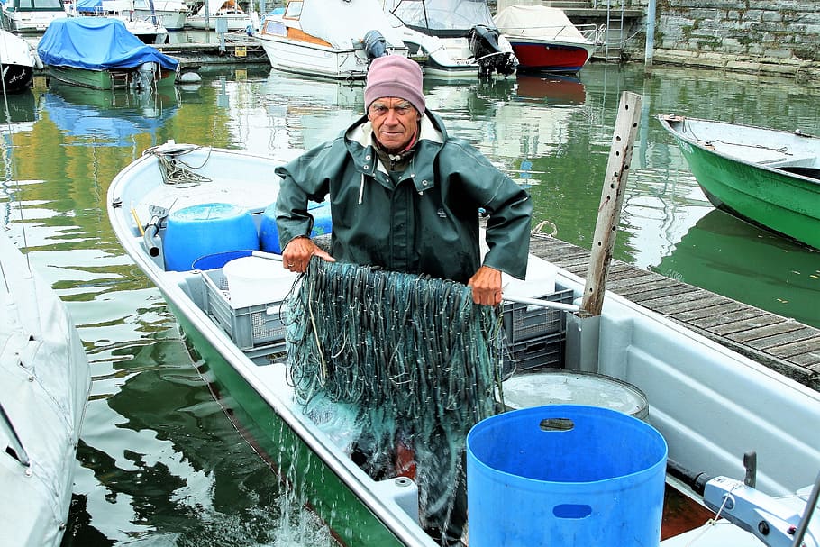 the fisherman, older, boat, fishing, haven, lake, bodensee, HD wallpaper