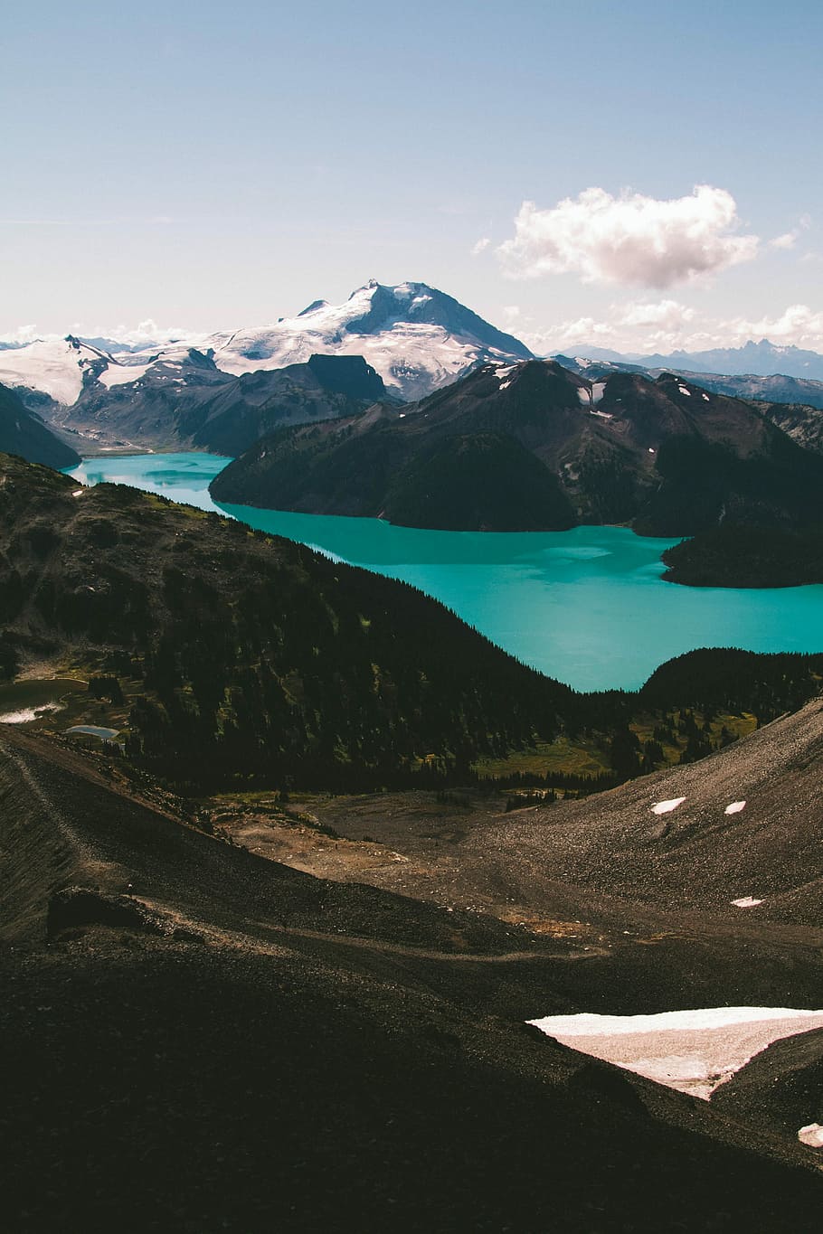 landscape photography of lake surrounded by mountains, aerial photo of green lake HD wallpaper