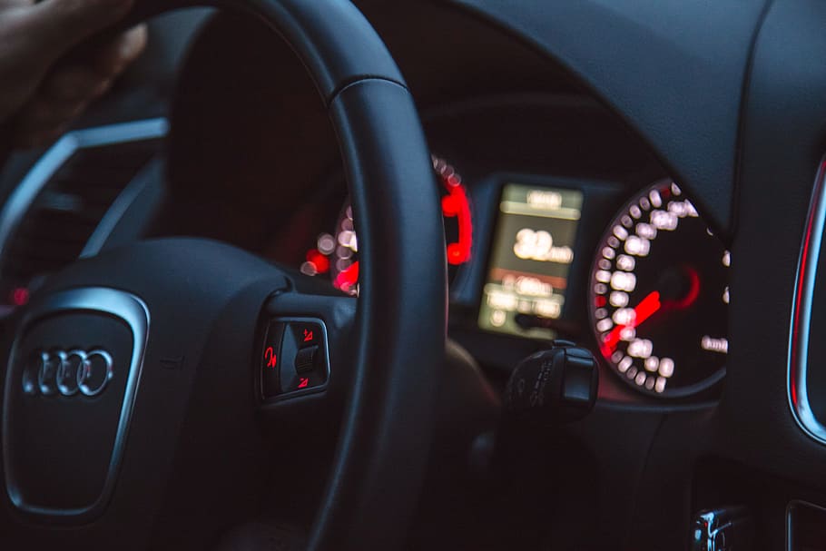 selective focus photography of black Audi steering wheel, car HD wallpaper