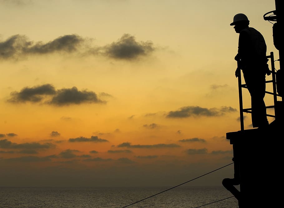 silhouette of man, worker, watching, sunset, sea, ocean, ship HD wallpaper