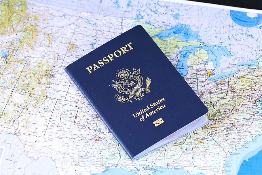United States of America passport on map, flag, travel, visa