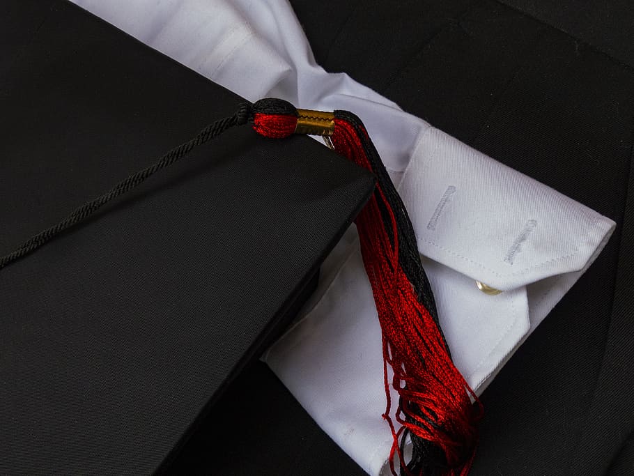 graduation cap, graduation tassel, black, red, school, education