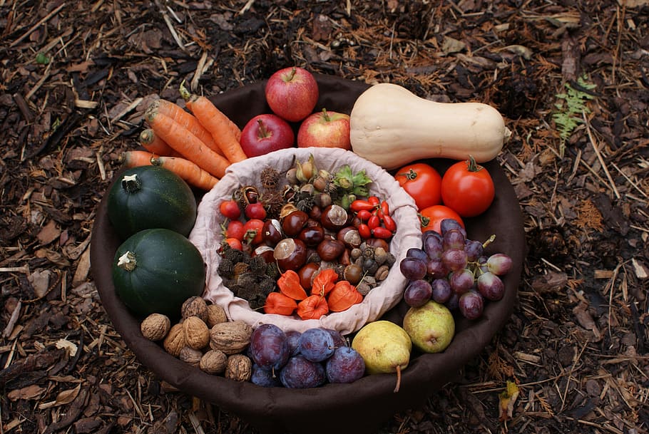 variety of vegetables in brown clay container photo, autumn, basket