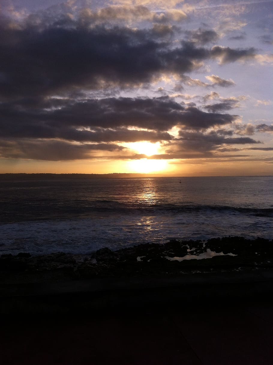 oeiras, beach, inatel, sky, cloud - sky, sea, water, sunset HD wallpaper