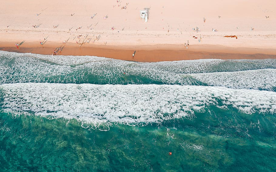 aerial of seashore, ocean, water, waves, nature, summer, beach HD wallpaper