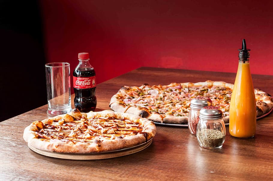 bacon pizza on table near bottle, food, snack, food and drink HD wallpaper