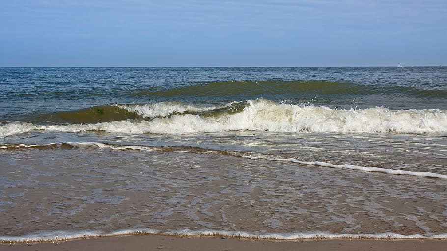 wave, beach, water, sky, blue, sea, foam, north sea, summer HD wallpaper