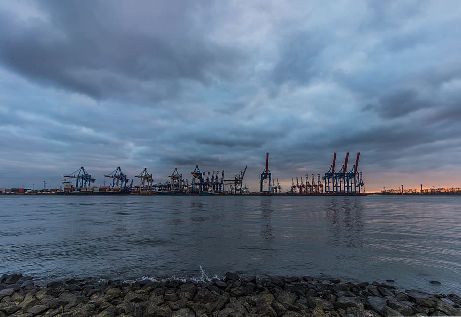 waters, sunset, sea, pier, dawn, elbe, hamburg, elbe beach HD wallpaper