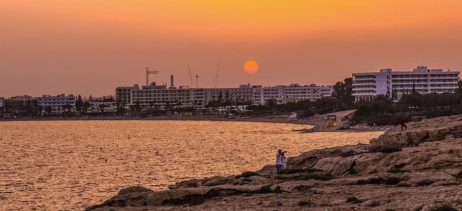 sunset, dusk, evening, sundown, beach, resort, tourism, scenery HD wallpaper
