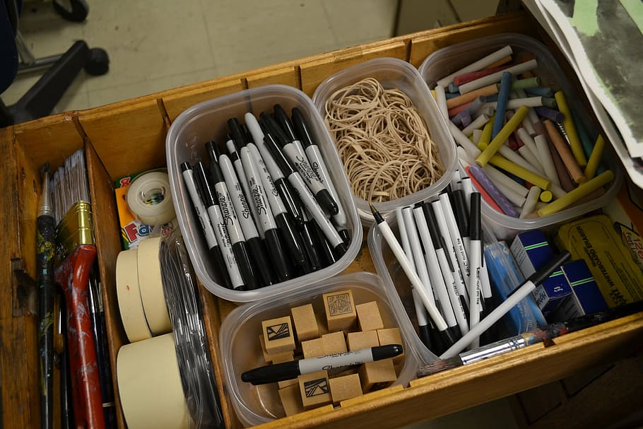assorted-color marker lot in drawer, markers, erasers, desk HD wallpaper