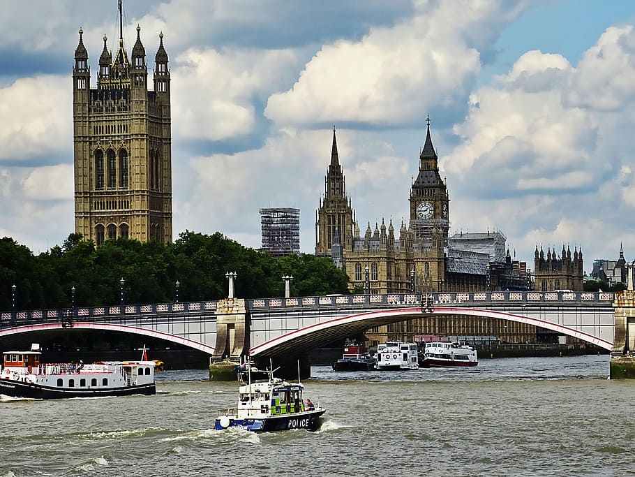 sea, sky, landmark, water, big ben, bridge, buildings, clouds HD wallpaper
