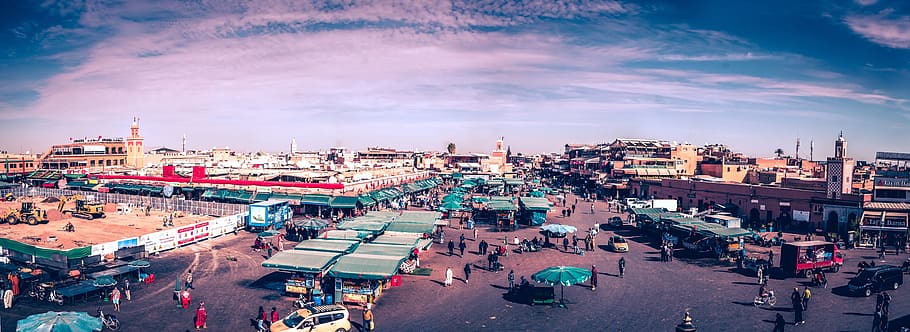 birds eye photography of people gathering beside stall, morocco, HD wallpaper