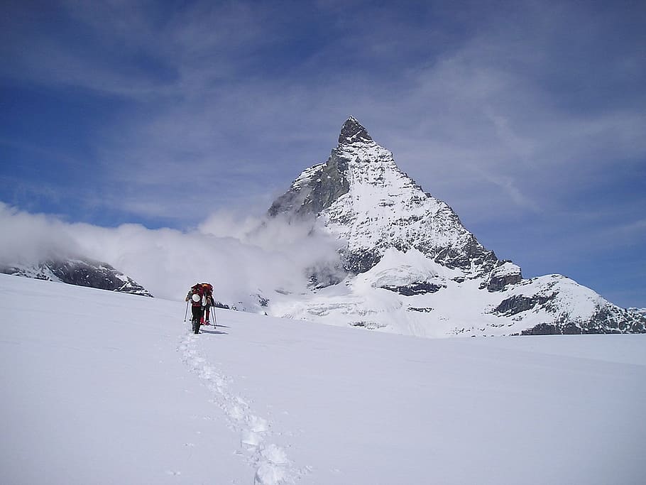 person climbing snowy mountain, matterhorn, zermatt, mountains HD wallpaper