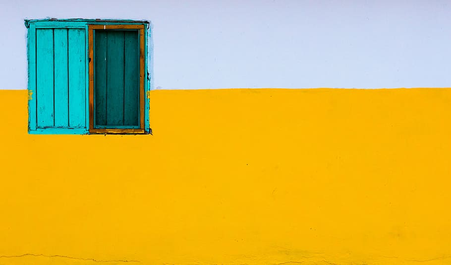 teal wooden window, cabinet, yellow, white, wall, house, home
