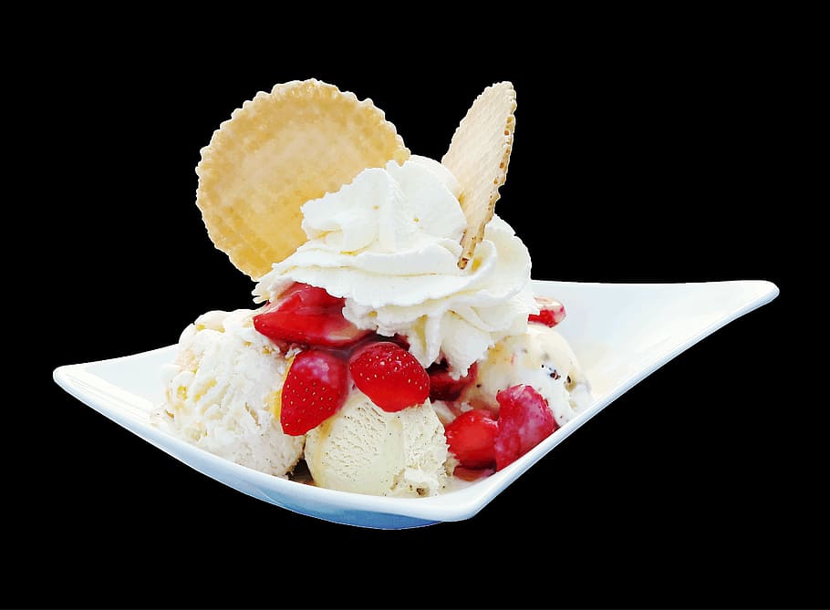 ice cream with strawberry, waffle, fruit, ice cream sundae, food