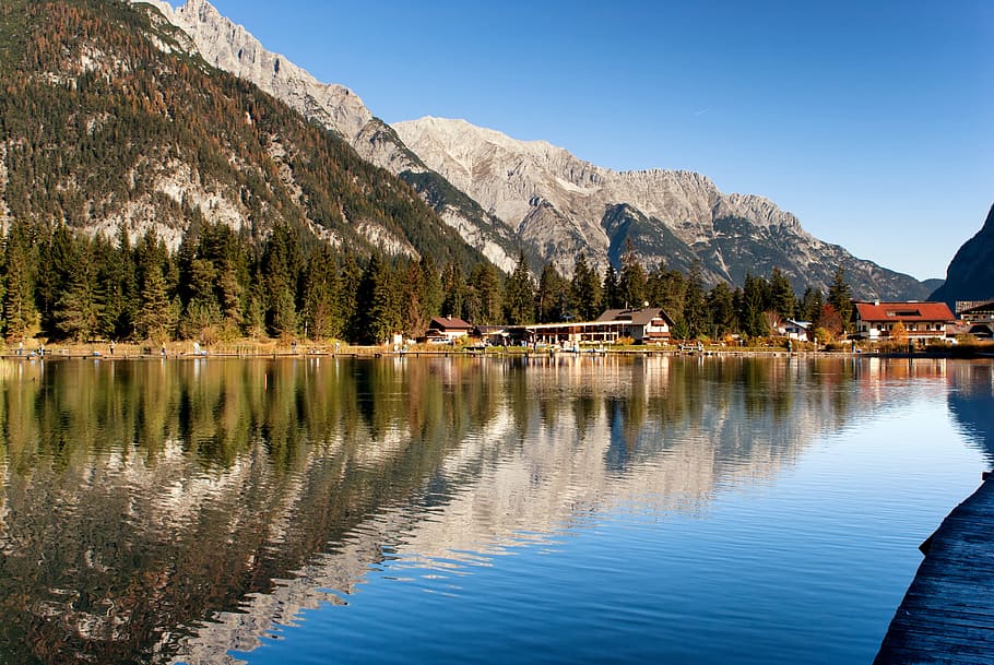 Austria, Mountains, Lake, Trees, buildings, water, reflections HD wallpaper