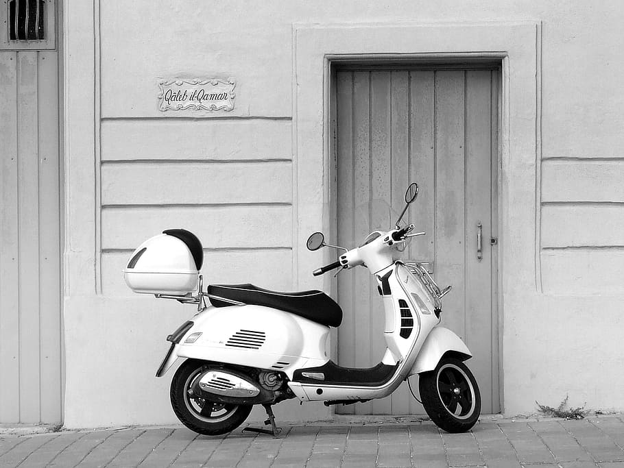 motor scooter parked beside closed door grayscale photography, HD wallpaper