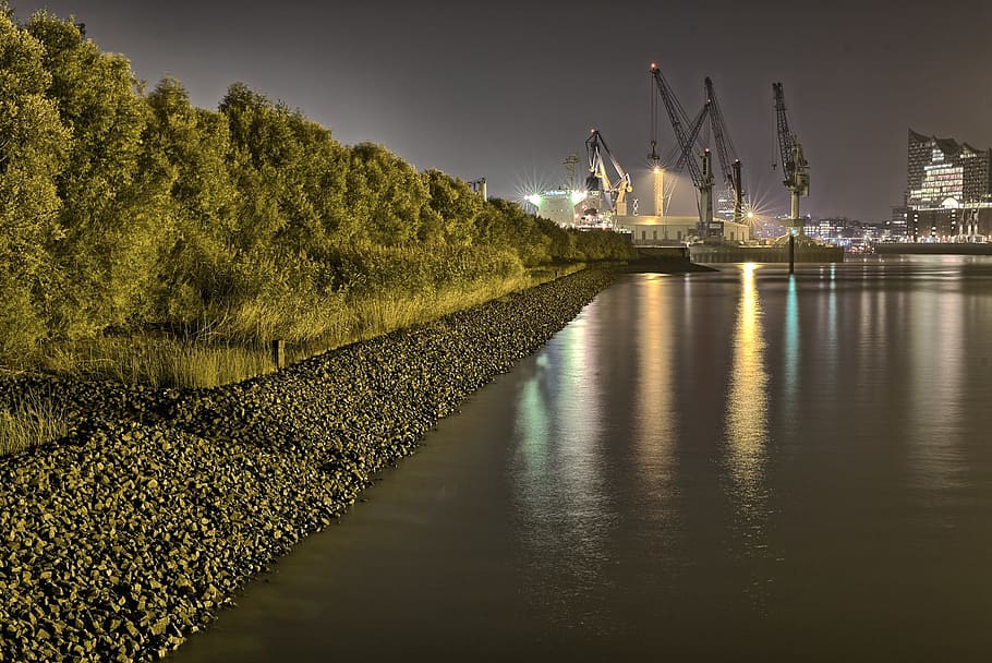 port, hamburg, elbe, harbour cranes, evening, germany, water, HD wallpaper