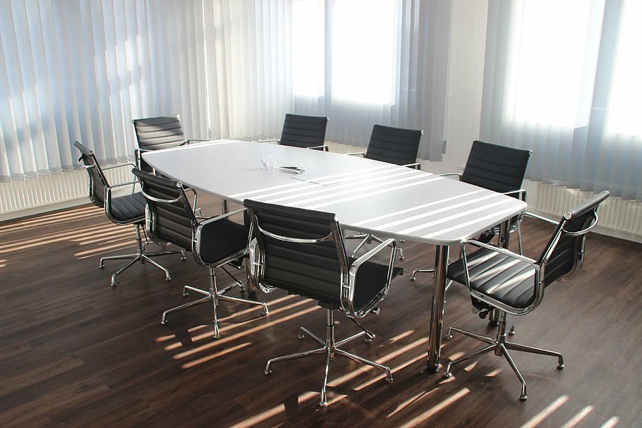 white wooden table with eight armchairs, office, meeting, work HD wallpaper