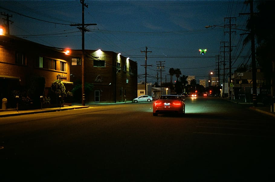 vehicle in roadway during nighttime, car, street, green, lights HD wallpaper
