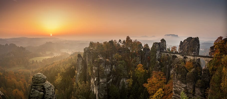 aerial photography of gray rock formation during sunset, bastei, HD wallpaper