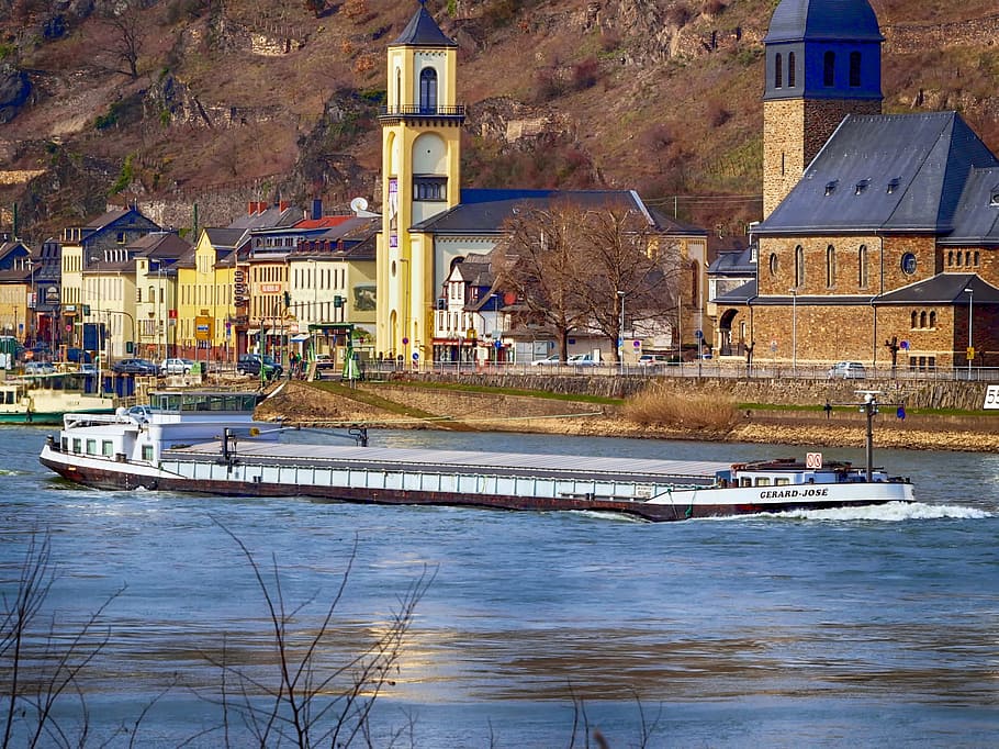 Germany, Rhine, River, Ship, Barge, water, reflections, shore HD wallpaper
