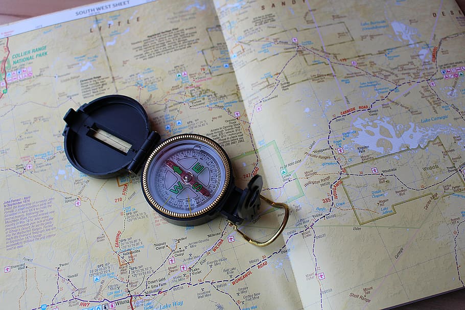 round gold-colored compass on map, navigation, western australia HD wallpaper