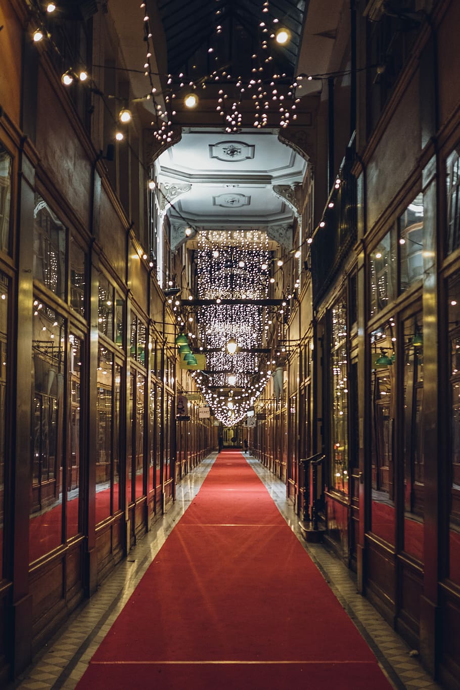 Christmas in Paris, hallway with red carpet, night, dark, lights