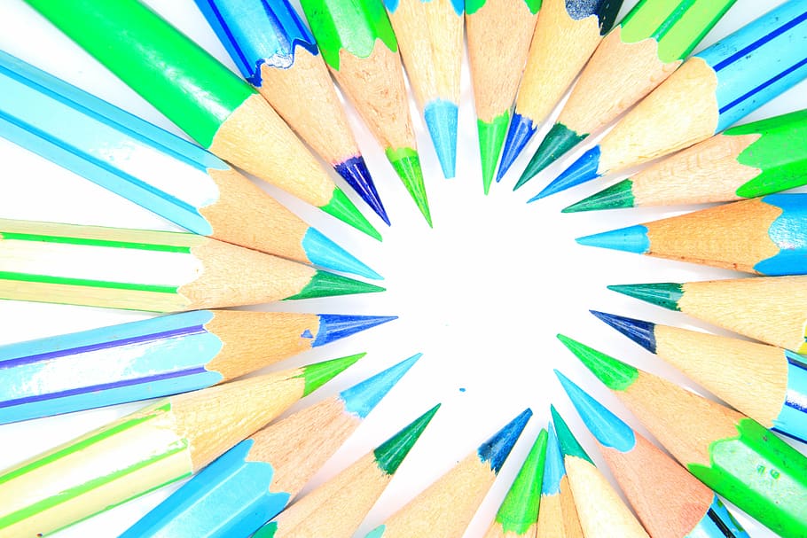 green and cyan pencil lot, color, color pencil, colored pencils