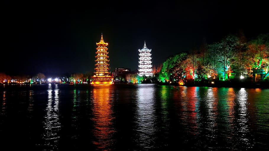 the twin towers, guilin, night view, illuminated, reflection, HD wallpaper