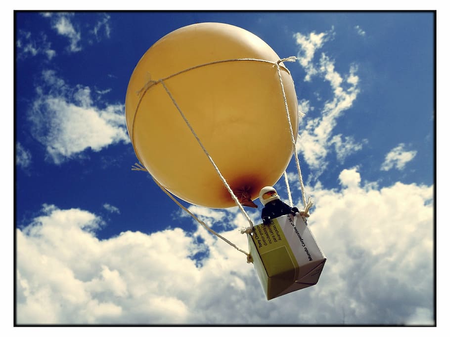 brown air balloon in sky, lego, toy, childhood, snowman, fun HD wallpaper