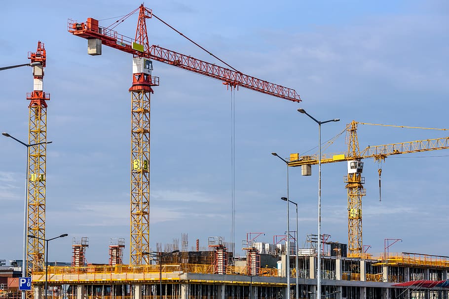 sky, building, construction, cranes, architecture, building site