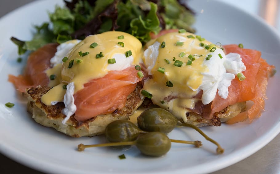 two burgers on plate, lunch meat platter, eggs, eggs benedict HD wallpaper