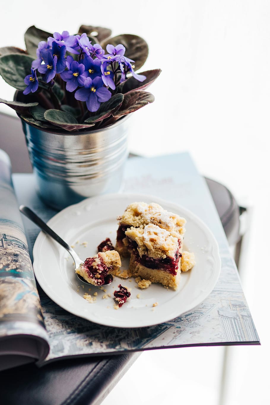 Flowers in a pot with a cake and a book, flora, pink, beautiful HD wallpaper