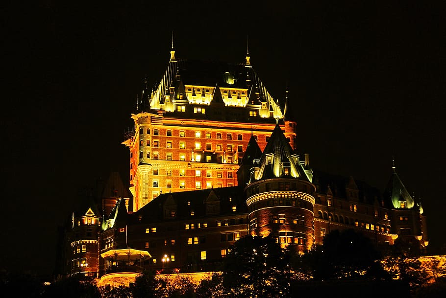 canada, quebec, hotel, castle, frontenac, night, architecture, HD wallpaper