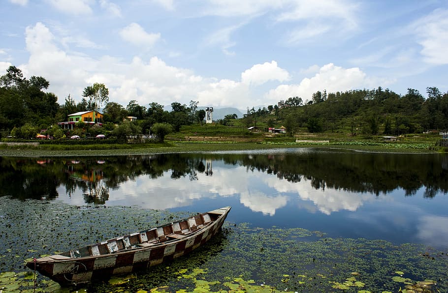 water, boat, clouds, reflections, nature, landscape, scenery HD wallpaper