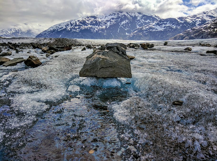gray rock in body of water at daytime, melted snow mountain with flowing water near stone HD wallpaper