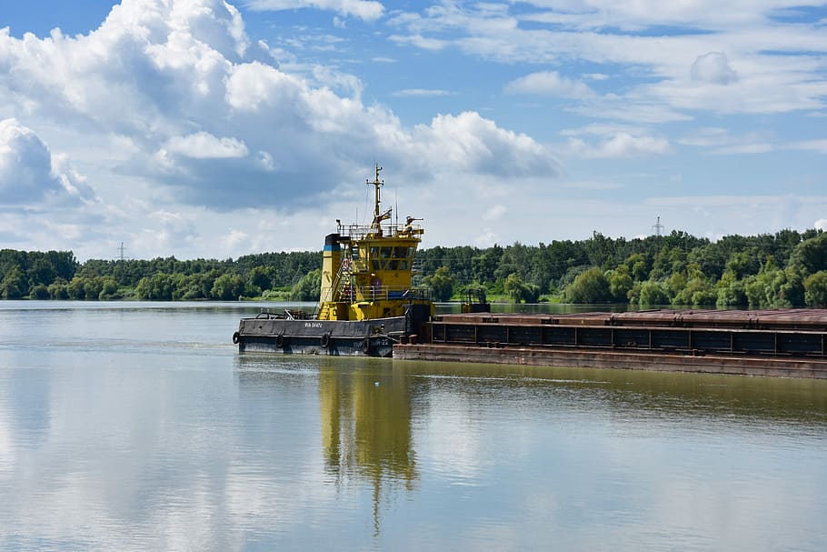pusher, barges, danube, river, river barge, water, cargo, shipping HD wallpaper