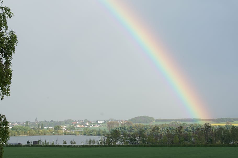 rainbow, lake, arch, mood, natural phenomenon, rainbow colors HD wallpaper
