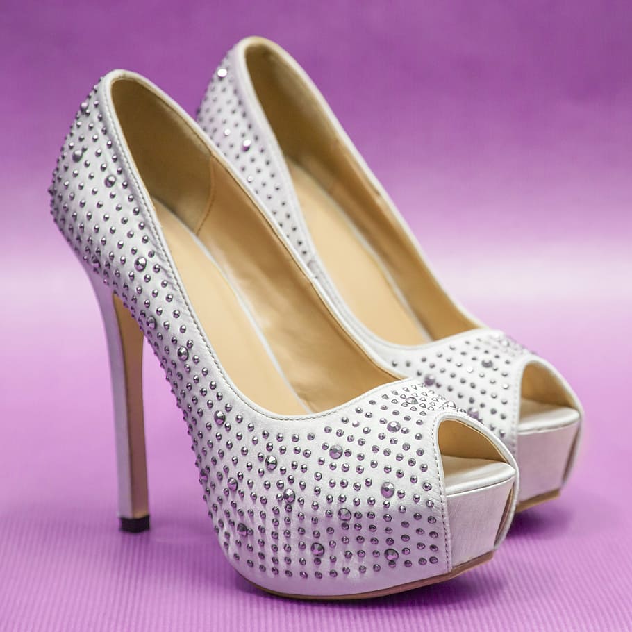 pair of white-and-beige peep-toe stilettos, small change, heels HD wallpaper