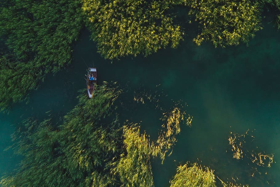 aerial photography of borwn boat on river during daytime, aerial view of power boat on body of water beside trees HD wallpaper