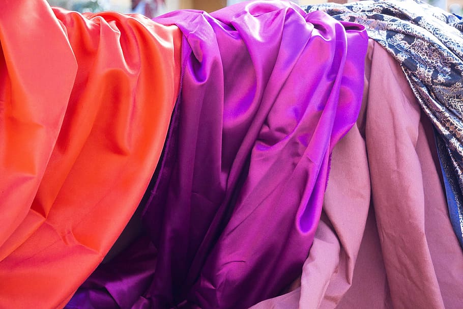 assorted textiles, silk, noble, towels, orange, violet, pink, HD wallpaper
