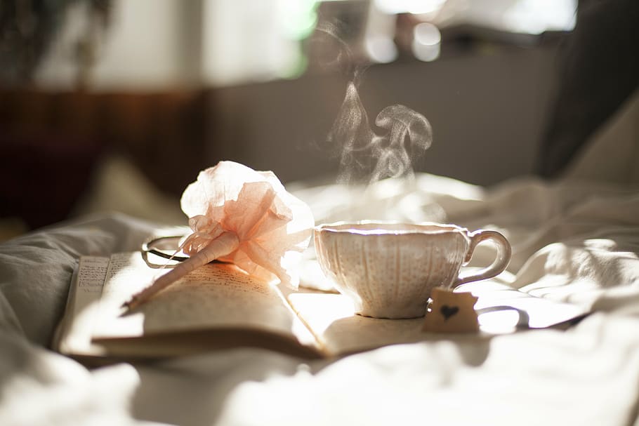 pink faux flower beside ceramic cup, white, tea, top, printed HD wallpaper