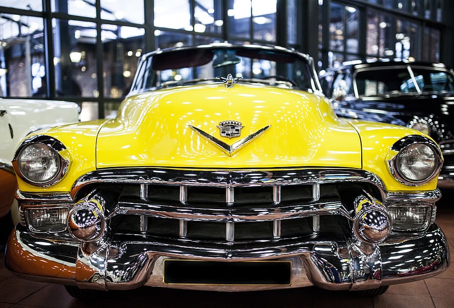 yellow, car, vehicle, chrome, antique, auto, automobile, automotive